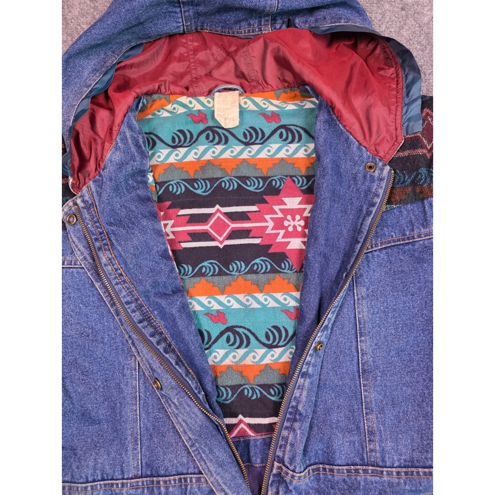 Vintage 90s Southwestern Aztec Denim Jacket Womens M Hooded Blanket Lined Long - Picture 8 of 10